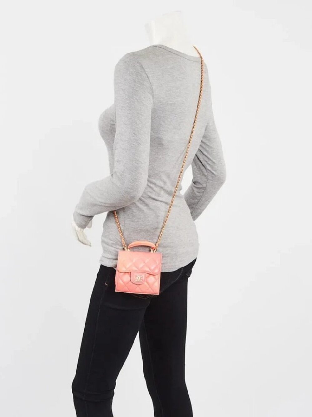 Chanel Pink/Orange Quilted Lambskin Leather Top Handle Clutch with Chain Bag